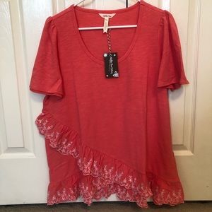 Matilda Jane Woman’s Coral Colored Ruffle-Hem Top, Size Large, BNWT